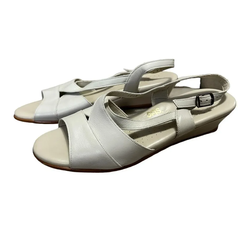 SAS Caress Size US 10.5N Sandal Bone Leather Buckle Tripad Comfort Wedge